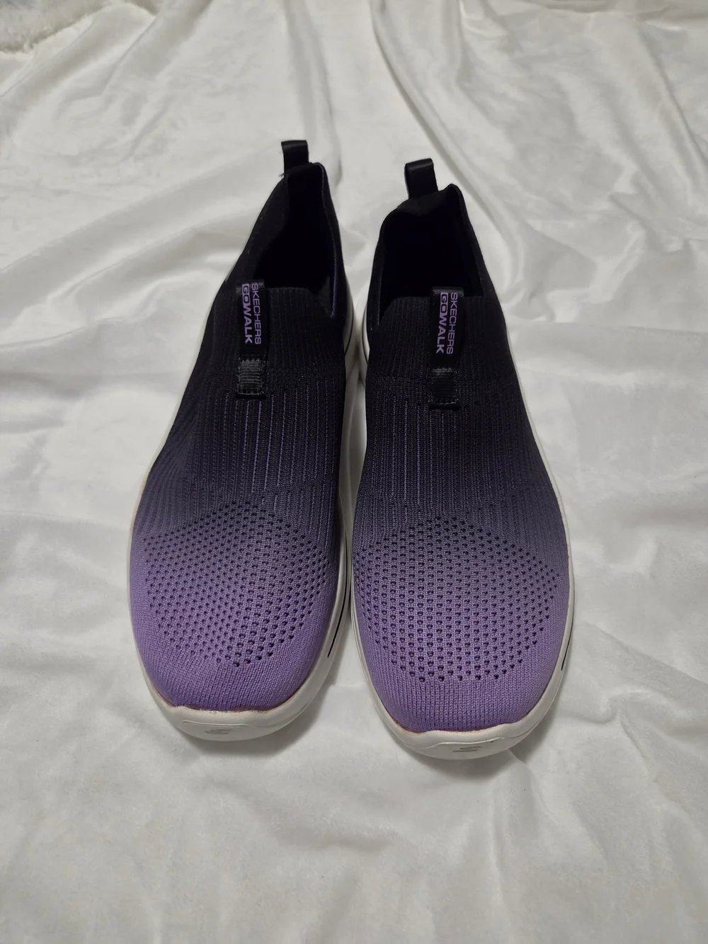 Skechers Womens GOwalk Slip-On Knit Sneakers in Black to Purple Ombre